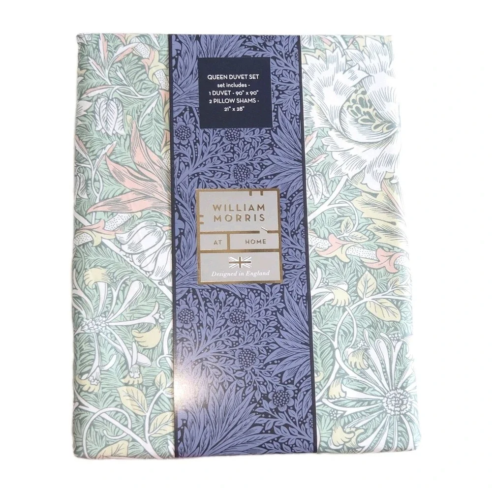 William Morris Queen Duvet Set 3pc Cotton Honeysuckle Tulip Sea Green Pattern‎